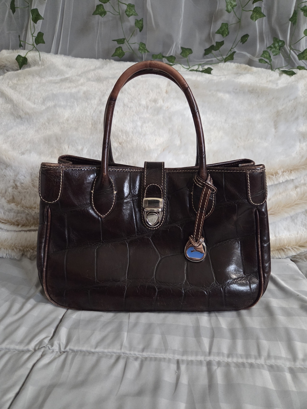 Dooney & Bourke Dark Brown Croc-Embossed Leather Satchel